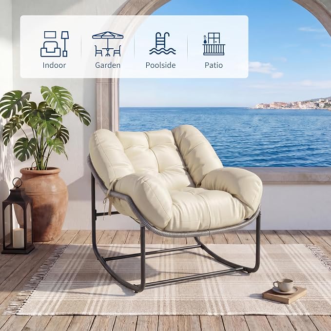GarveeLife Outdoor Lounge Rocking Chair, Iron Frame Patio Rocker Chair with Cushion, Beige Relaxing Chair for Patio, Garden, Balcony