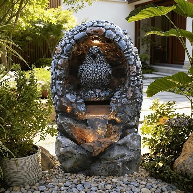 EROMMY 37.9" Tall Outdoor Water Fountain - Resin Garden Water Feature with LED Lights Effect for Patio Deck Yard Home,Gray