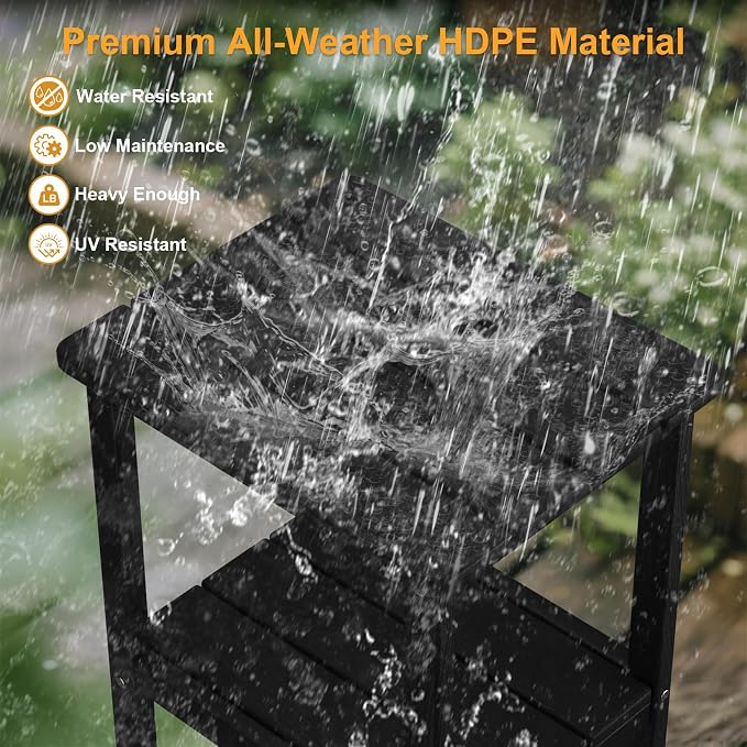Outdoor Side Table, Small Square Patio Side Table with Adjustable Feet, All-Weather HDPE Adirondack End Tables for Porch Deck Balcony Pool, 2-Tier Storage, Easy Maintenance, Black