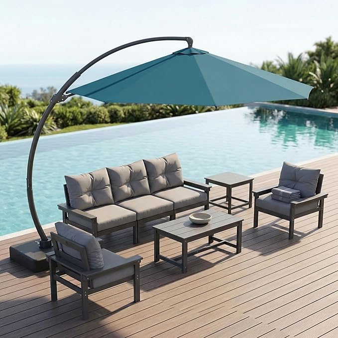 12 FT Cantilever Umbrella with Base Included, Large Round 360° Rotation Offset Umbrella Outdoor Patio, Heavy Duty Aluminum Frame, Sand-Weighted Stand, for Deck, Backyard, Pool, Garden (Lake Blue)