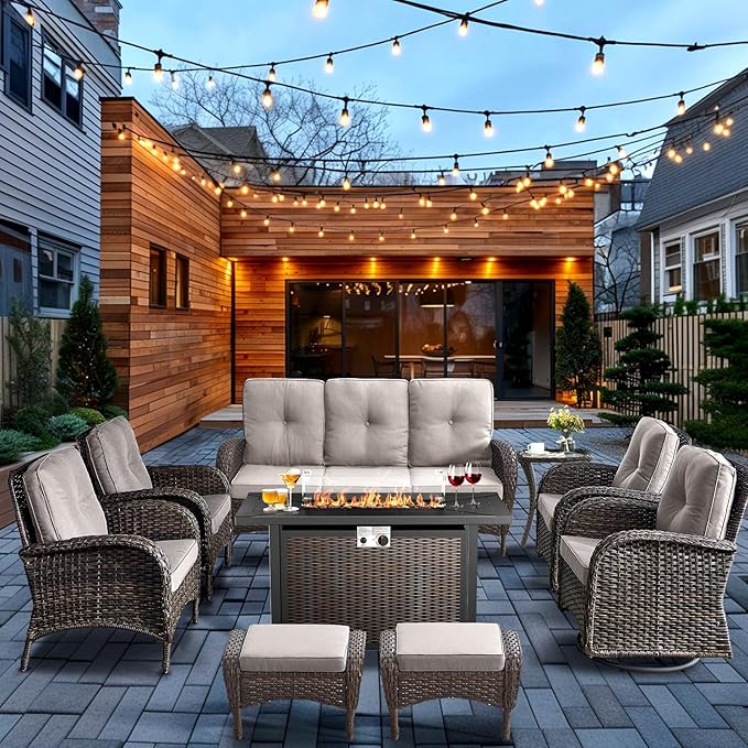 HUMMUH 9 Piece Patio Furniture Set with Fire Pit Table,Wicker Patio Swivel Rocker Outdoor Chairs 3-Seat Sofa with Ottomans for Backyard,Poolside,Deck