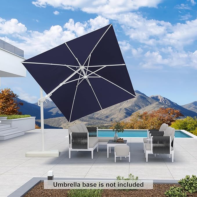 PURPLE LEAF 10 FT Right-left Tilt Patio Umbrella Swivel White Cantilever Umbrella with Tilt Aluminum Outdoor Umbrella with 360° Rotation for Deck Pool Garden, Navy Blue