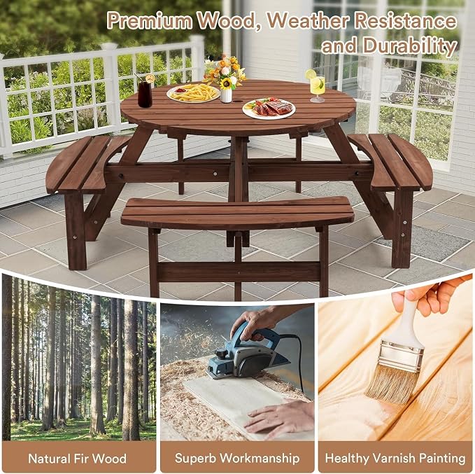 Zevemomo 8 Person Wood Picnic Table, Round Tabletop with Umbrella Hole, 4 Integrated Curved Benches, 2220LBS Overall Capacity for Patios, Backyard, Rustic Brown