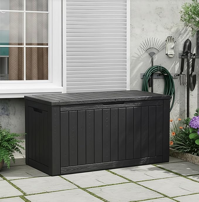 KAMABOKO 110 Gallon Waterproof Large Resin Deck Box, Lockable Large Outdoor Storage Box Indoor Outdoor Storage Container for Patio Cushions, Gardening Tools, Pool Supplies, Black