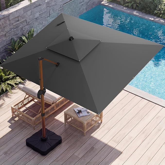 10x13 FT Wood Pattern Patio Umbrella, Large Deluxe Cantilever Rectangular Double Top Heavy Duty Offset Umbrellas with 360° Rotation, Outdoor shade for Garden Deck Pool Patio, Grey