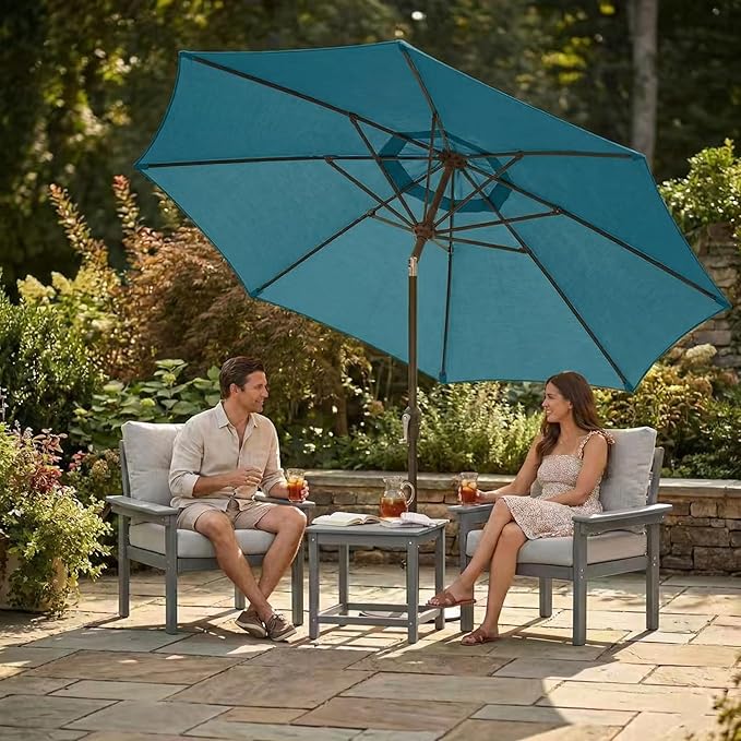 Kingdura 10FT Outdoor Patio Umbrella, Market Table Umbrella with Push Button Tilt and Crank, 8 Sturdy Fiberglass Ribs, UV Protection for Pool, Lawn, Deck, Backyard, Garden (Lake blue)