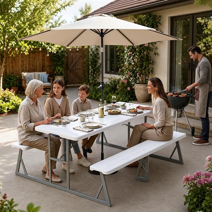 VINGLI Outdoor Picnic Table with 9 ft Umbrella, Wood Grain HDPE Top with Metal Frame Plastic Picnic Table for Dining Party Garden (White Table, Khaki Umbrella)