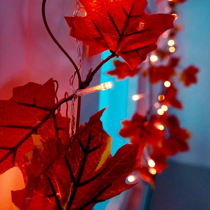 VCOKEN Thanksgiving Decorations Fall Garland with Lights, 24LED Battery Operated Thanksgiving Lights with Timer, Fall Decor for Home, Table, Mantle, Office, Outdoor, Autumn, Halloween, Yellow