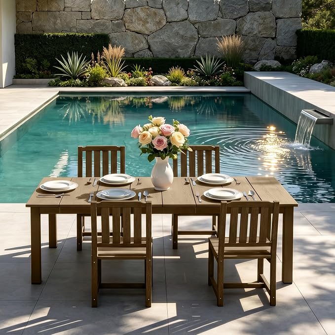 PLUUV 5-Piece Outdoor Dining Set – HDPE Patio Furniture with Aluminum Table, Umbrella Hole, and 4 Armless Chairs, All-Weather Resistant for Garden & Backyard, Brown