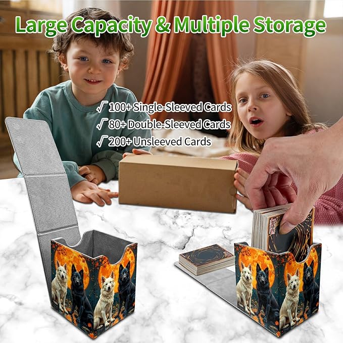 Black White Wolf Card Deck Box for MTG, Personalized Card Storage Case Fits 120+ Sleeved Cards, Premium Leather TCG Box with Strong Magnetic Closure for Magic, CCG, PTCG, Baseball Cards
