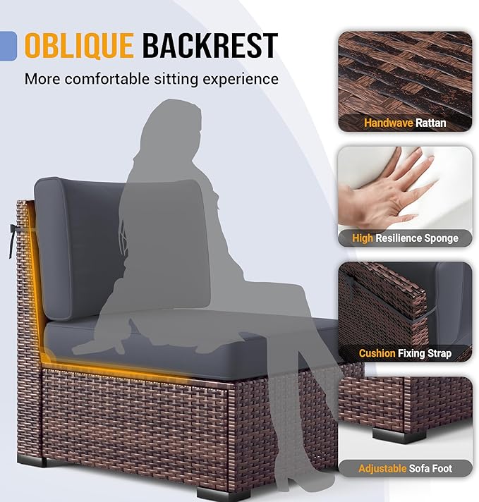 Outdoor Patio Furniture Set with 44" Fire Pit Table 8 Pieces Rattan Patio Sectional Sofa Conversation Set w/55000 BTU Propane Gas Fire Pit, Coffee Table, 2 Waterproof Covers, Grey