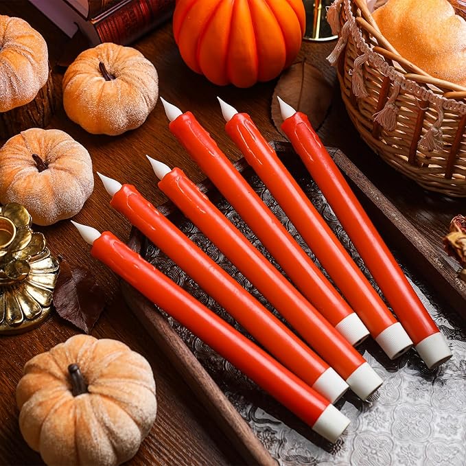 6PCS Thanksgiving Flameless Taper Candles - Orange Candles Battery Operated Flickering Real Paraffin Wax Dripping Wax 3D Wick Lights Led for Thanksgiving, Halloween, Fall Party Decorations