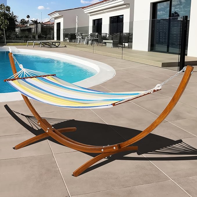 Lazy Daze Hammocks Cotton Fabric Spreader Bar Hammock and 10.5 Ft Wood Arc Hammock Stand Combo, for Outdoor, Indoor, Patio, Backyard, Blue and Yellow
