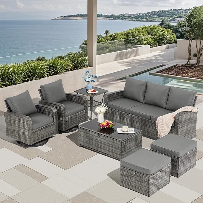 7 Pieces Outdoor Patio Furniture Set with Swivel Chairs, Outdoor Conversation Wicker Patio Furniture for Porch Deck Bistro Lawn Garden Backyard Poolside-Grey