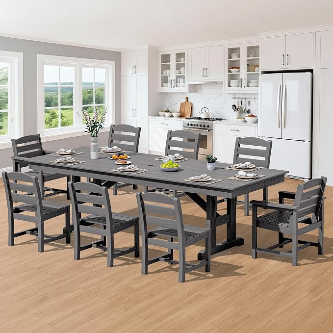 SERWALL 9 Piece Outdoor Dining Set, 84" HDPE Outdoor Table with 6 Armless Chairs and 2 Armchairs ，All Weather Patio Dining Furniture Set with Umbrella Hole for Backyard, Garden, Gray
