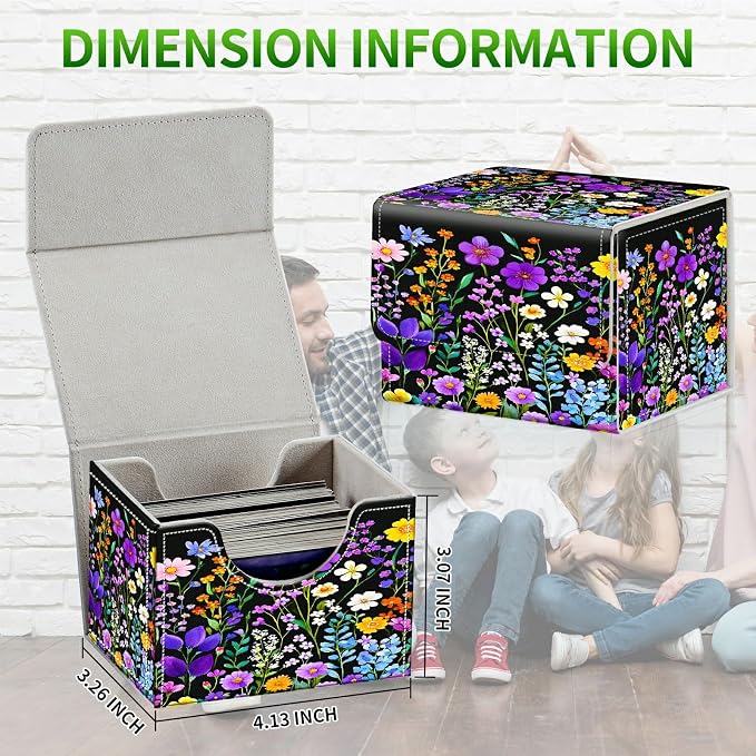 Card Deck Box for MTG, Cards Storage Box Fits 120+ Sleeved, Leather Small Size Strong Magnetic Closing Card Case for Board Games Magic TCG CCG Baseball Collection, Purple Wildflower