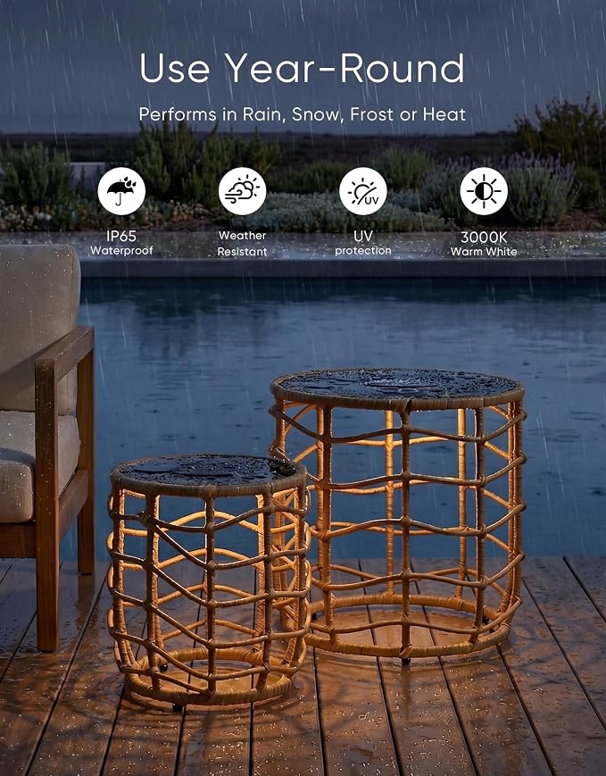 PARTPHONER Boho Solar Outdoor Side Table with Built-in Lights Set of 2, All-Weather Wicker Nesting Tables, Round Waterproof Accent End Table Design for Patio, Porch, Garden & Balcony, Natural Brown
