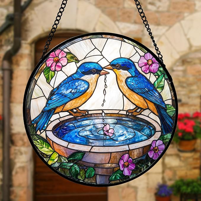 DASTOLL Stained Glass Window Hanging, 2 Blue Birds Suncatcher Diamond Glass Panel Hangings Bird Lover Sun Catchers Decor for Birthday for Women, Men, Wife, Aunt, and Mom 7.8 in