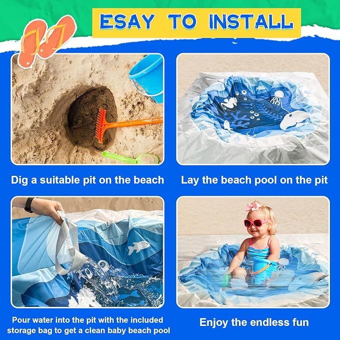 6.5 X 6.5Ft Baby Beach Pool, 2 in 1 Square Portable Cartoon Ocean Theme Toddler Beach Puddle, Waterproof Sandproof Cute Toddler Paddling Pool Beach Blanket with Carrying Bag for Boys Girls