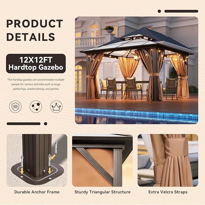 Aoxun 12'x12' Hardtop Gazebo, Outdoor Metal Gazebo with Double Polycarbonate Roof Canopy, Permanent Pavilion with Netting and Curtains for Lawn, Garden, Patio (Khaki)