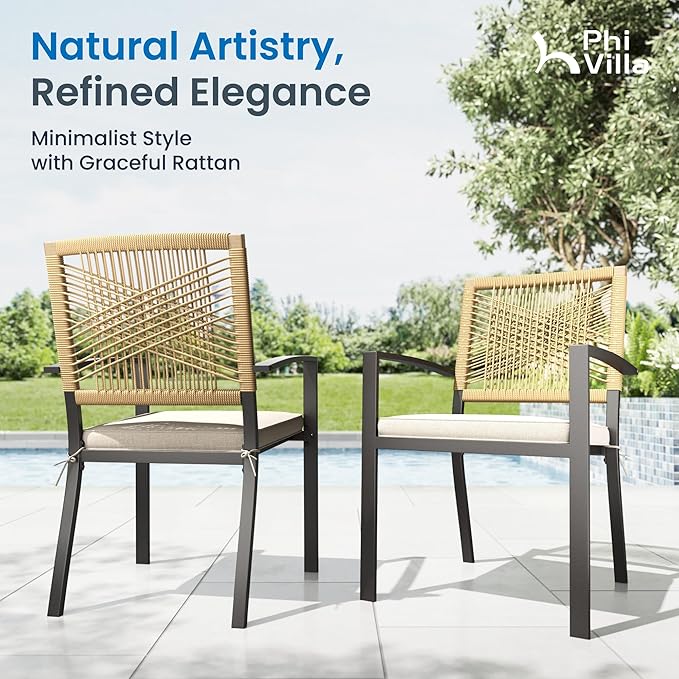 PHI VILLA Outdoor Dining Set for 4, Wood-Like Table, Wicker Chairs | Outdoor Dining Set for 6, Rectangular Patio Dining Table Set with Patio Wicker Chairs for Garden, Porch, Deck