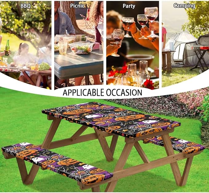 Halloween Picnic Table Bench Tablecloth Covers 3PCS Fitted Picnic Table Cover with Elastic Edges, Waterproof Table and Bench Cloths for Summer Outdoor Camping