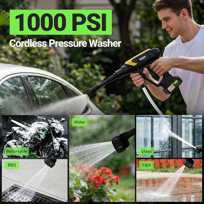 Cordless Washer, 9 Gear Brushless Washer for Car Washing, Patio, Fence, Driveway, Outdoor Cleaning， with 1 Battery, 6 in 1 Nozzle, 6 Meter Hose, Tap Adapter