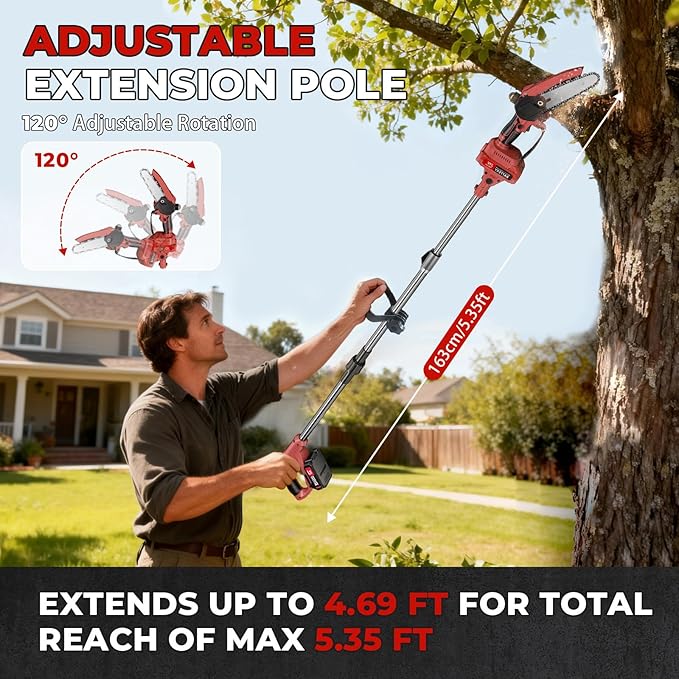 2-in-1 Cordless Pole Saw & Mini Chainsaw, 6-Inch Battery Powered Tree Trimmer with 4.4ft Extension Pole, 2 Batteries | Safe High Branch Pruning for Homeowners