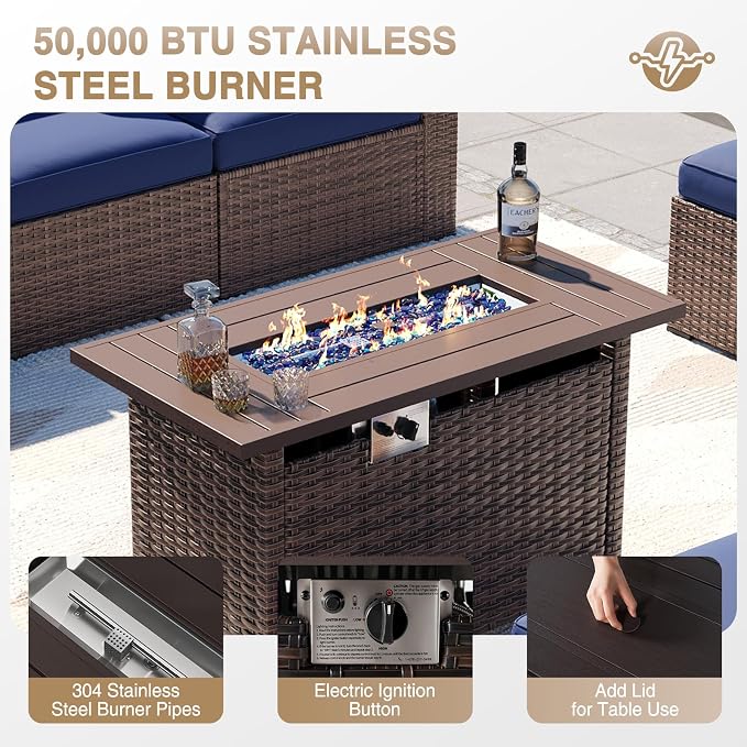 Aoxun Patio Furniture Sets, 8-Piece Outdoor Patio Furniture with 44'' Propane Gas Firepit Table, Wicker Outdoor Conversation Set Sectional Sofa for Backyard, Poolside, Garden