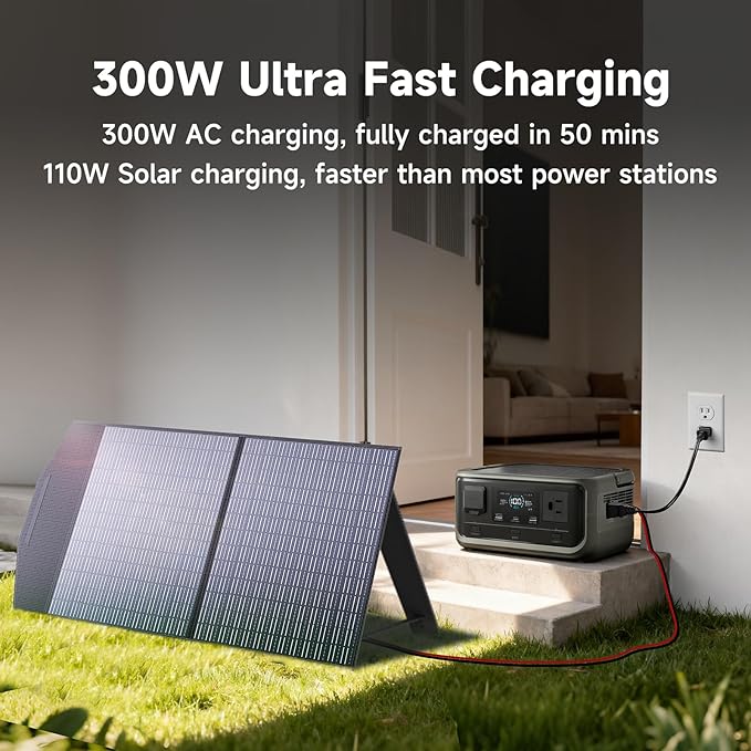 ALLPOWERS VOLIX P300 Portable Solar Generator with Solar Panel SE100, 256Wh LiFePO4 Battery, 300W Output Portable Power Station with 100W Solar Panel, Potable Power for Home Use, Emergencies & Camping