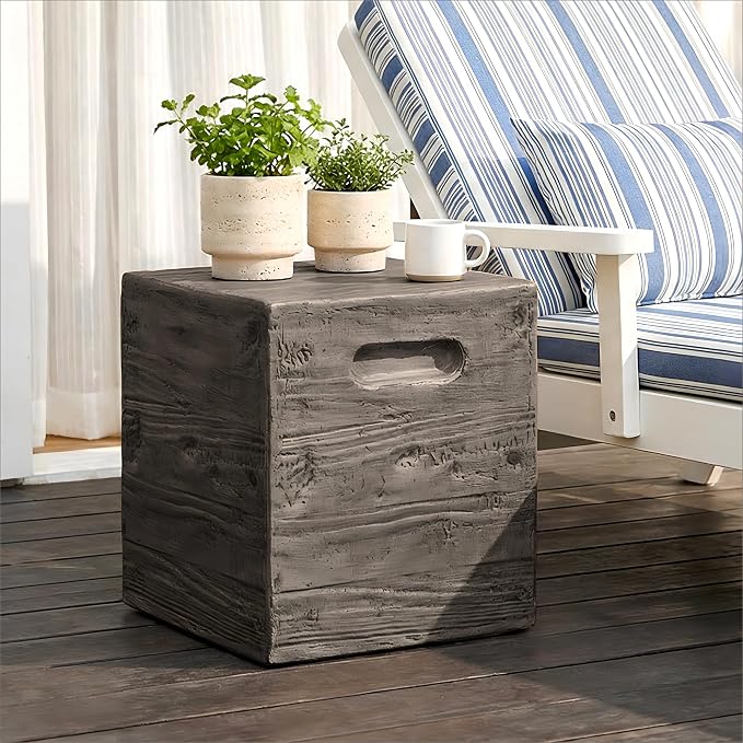 HOMPUS Outdoor Side Table w Groove Handle, Patio MgO Concrete Natural End Table, Square Accent Small Coffee Table for Garden, Patio, Porch and Deck, Antique Black