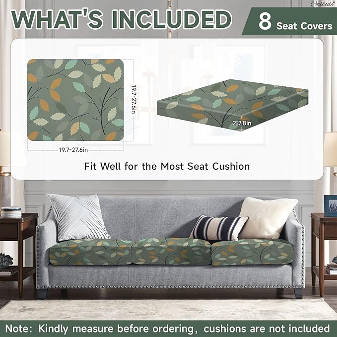 CALBODE 8Pcs Stretch Patio Cushion Cover for Autumn, Couch & Sofa Slipcovers for Patio Furniture Cushions Washable Reusable Couch Covers Replacement Fall Home Decor (Green Leaf Printed, Cover Only)