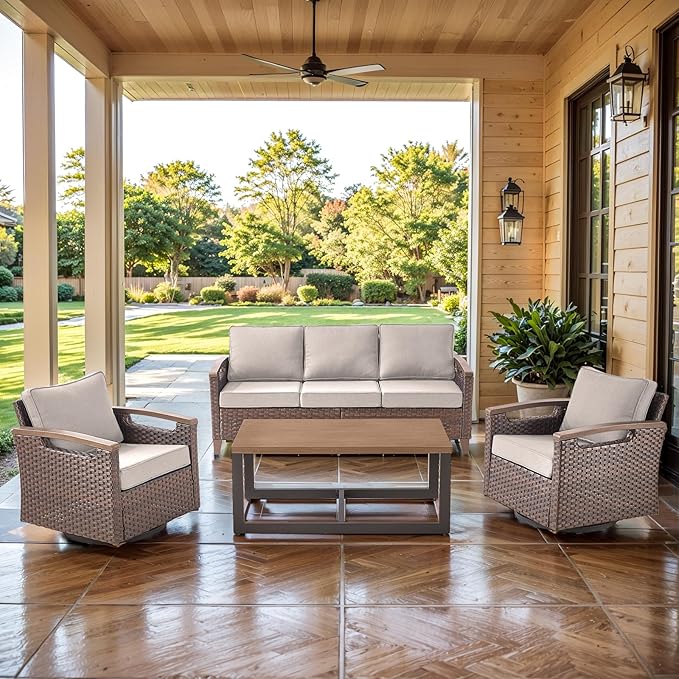 Luxury 4 Piece Heavy Duty Patio Furniture Set with Swivel Chairs - All Weather Wicker Comfort Thick Cushion Outdoor Conversation Set with Sofa & Coffee Table for Porch Poolside Deck - Beige