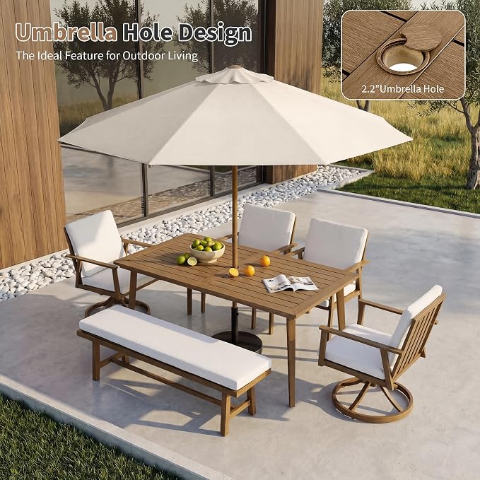 6-Piece Outdoor Table Set with Chairs & Bench, 6-Person Outdoor Rectangular Dining Table with Umbrella Hole, Faux Wood Grain Patio Table Set with Swivel Chair for Garden Backyard Proch, Teak