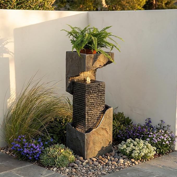 Modern Rectangular Water Fountain Outdoor with LED Lights & Planter Top, 35.4" Tall Resin Cascading Waterfall Feature for Patio Backyard Garden Décor, Outdoor Water Feature