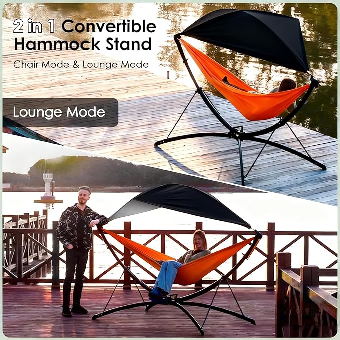 Portable Outdoor Hammock with Quick-Fold Stand and Adjustable Sunshade for Ultimate Relaxation in Gardens, Camping, and Beach Settings - Spacious Design with Storage Bag Included