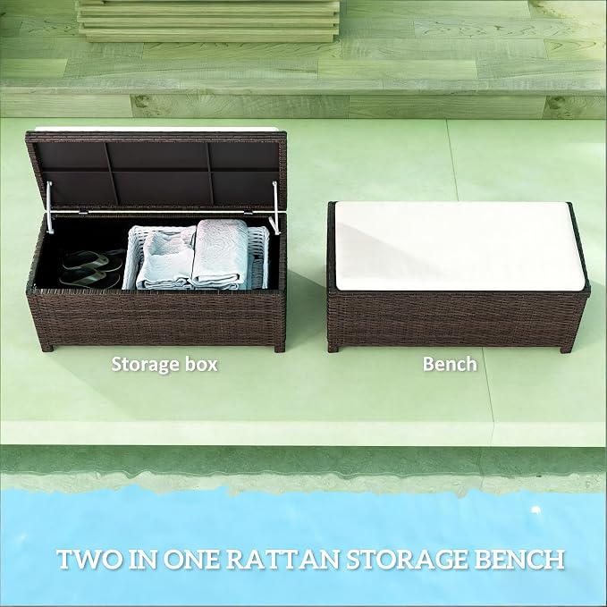 2-in-1 Outdoor Wicker Storage Bench & Outdoor Storage Box with Gas Struts- 34 Gallon Water-Resistant Deck Box,Splash-Proof Cushion & Removable Cover.Deep Coffee Rattan,Patio Storage Cabinet Solution