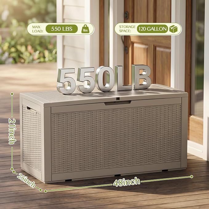 Waterproof Outdoor Storage Box Outside Deck Box Lockable Resin Bench UV Resistant Furniture Cushion Pool Tool Float Bin Patio Garden Porch (Grey, 120 Gallon)
