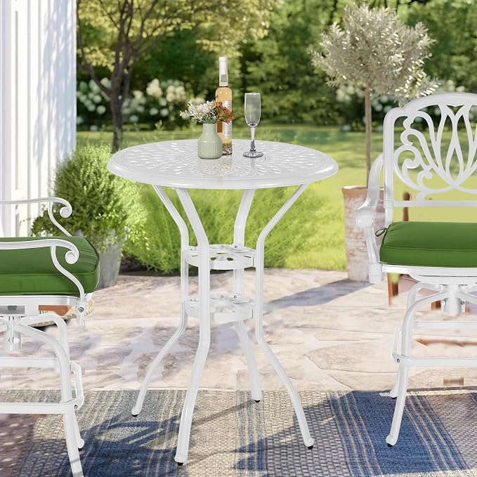 VIVIJASON 31" Patio Height Bar Table, All-Weather Cast Aluminum Bar Bistro Table Outdoor Patio Round Dining Table with Umbrella Hole for Balcony, Lawn, Garden, Backyard, White
