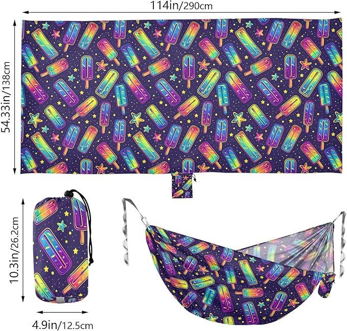 Camping Hammock Outdoor Hammocks for Outside Ice Pop Neon Beach Trees Portable Lightweight with Pockets Tree Straps Indoor