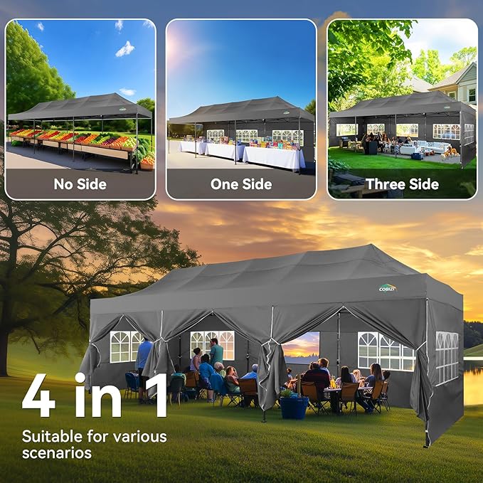 COBIZI 10x30 Pop up Canopy Tent Heavy Duty Without Sidewalls, Easy Set-up Commercial Outdoor Party Tents, 100% Waterproof Wedding Tent Gazebo, 3 Height Adjustable with Wheeled Bag, Gray
