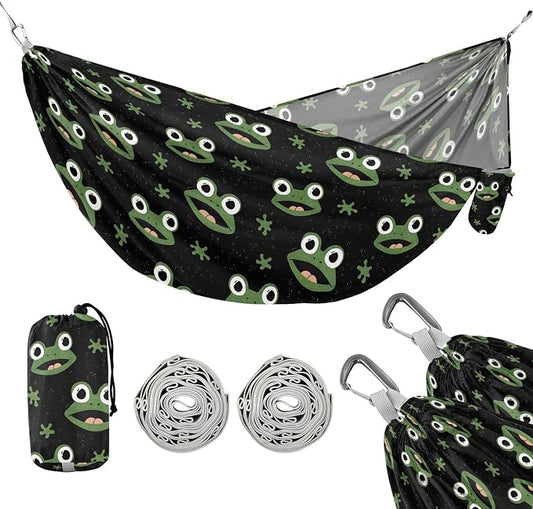 Camping Hammock Outdoor Hammocks for Outside Cute Frog Black Beach Trees Portable Lightweight with Pockets Tree Straps Indoor Small