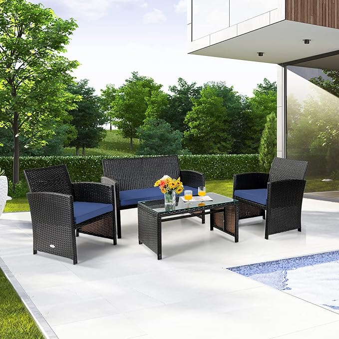 COSTWAY 4 Piece Patio Furniture Set, Outdoor PE Rattan Wicker Sectional Sofa with Cushion and Coffee Table, Patio Conversation Sets for Balcony Lawn Porch Patio Backyard Garden Poolside, Navy