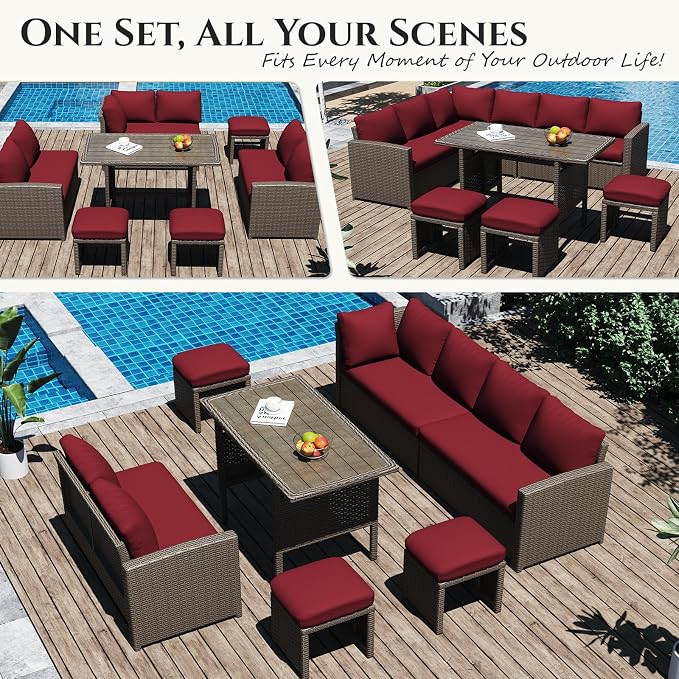 U-MAX 7 Pieces Patio Furniture Set, Outdoor Sectional Sofa Conversation Set, All Weather Wicker Rattan Dining Table & Chair with Ottoman, Brown Rattan&Wine Red Cushion