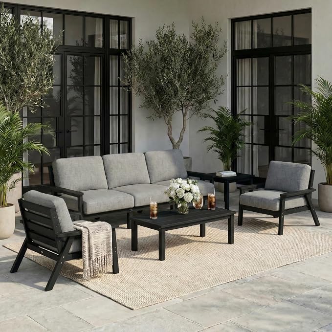 7 Piece HDPE Outdoor Furniture Set with Gray Cushions (Black Frame) | All-Weather HDPE, Modular Design, Extra-Deep Seating, Thick Cushions, Ideal for Backyard, Deck & Porch