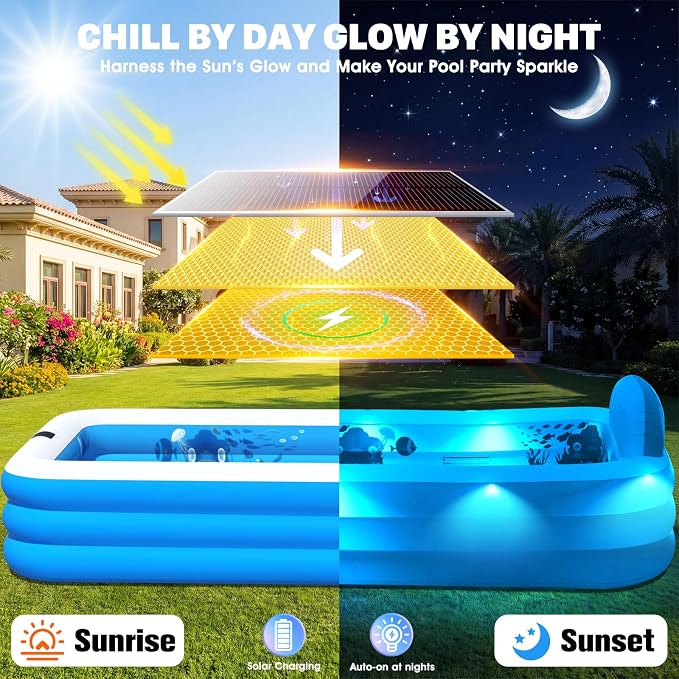 Extra Large Inflatable Pool with Lights,Upgraded Solar Powered Blow Up Pool for Adults,Inflatable Kids Swimming Pool with Seat& Backrest,Big Inflatable Kids Pool for Backyard,120x73x20IN