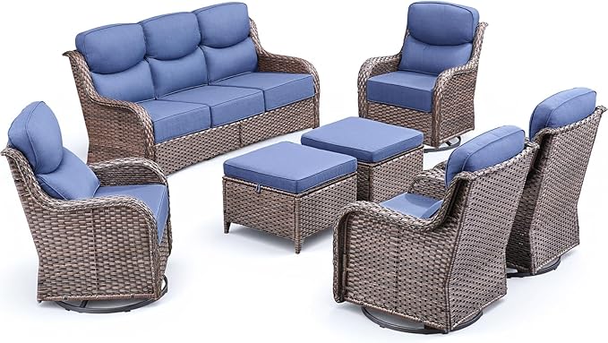 Luxury 7 Pieces Patio Furniture Set, Wicker Swivel Rocker Patio Chairs with 6" Thick Cushion, Outdoor Wicker Sofa with Coffee Table, All Weather Outdoor Conversation for Garden Porch(Brown/Blue)