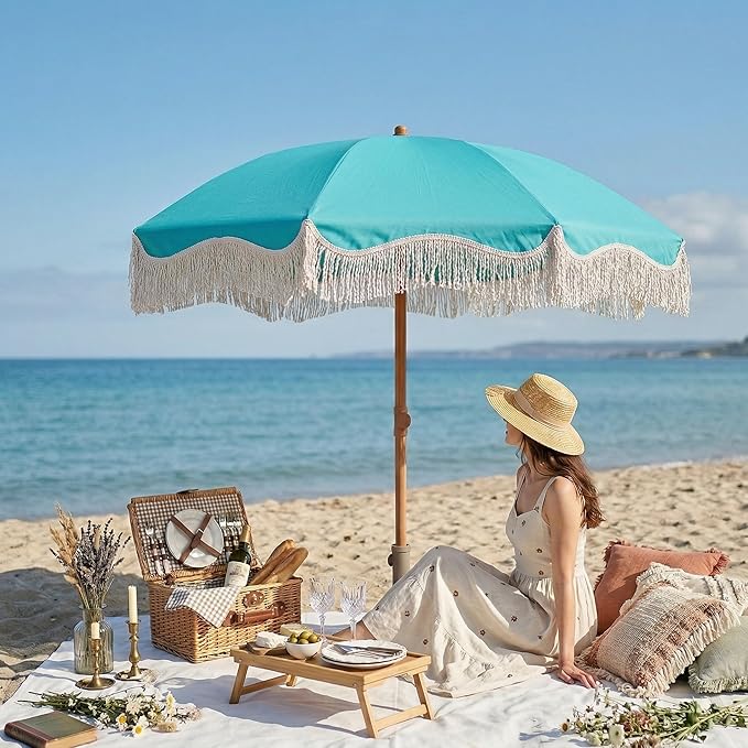 7ft Patio Umbrella with Fringe, Boho Beach Umbrellas, Outdoor Tassels Umbrellas with Push Button Tilt & Carrying Bag, 8 Windproof Fiberglass Ribs, UPF50+