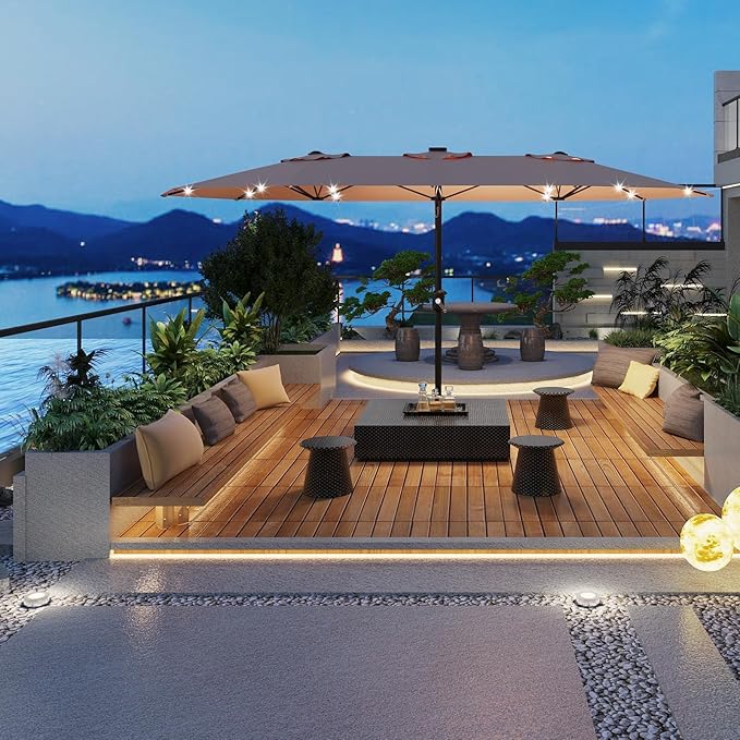15FT Outdoor Patio Umbrella,Double-Sided Rectangle Market Umbrella with 36 LED Solar Lights & Base,UV50+ Weather-Resistant Oversized Outdoor Umbrella,Crank Lift,3-Way Shade for Pool,Garden,Backyard