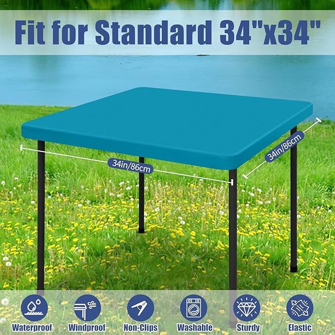 Moosfor Spandex Picnic Table Cloth 2 Pack, Elastic Fitted Tablecloths for Square Tables, Stretch Washable Patio Table Cover for Outdoor, Camping, Banquet and Parties (Teal, 34"x34")